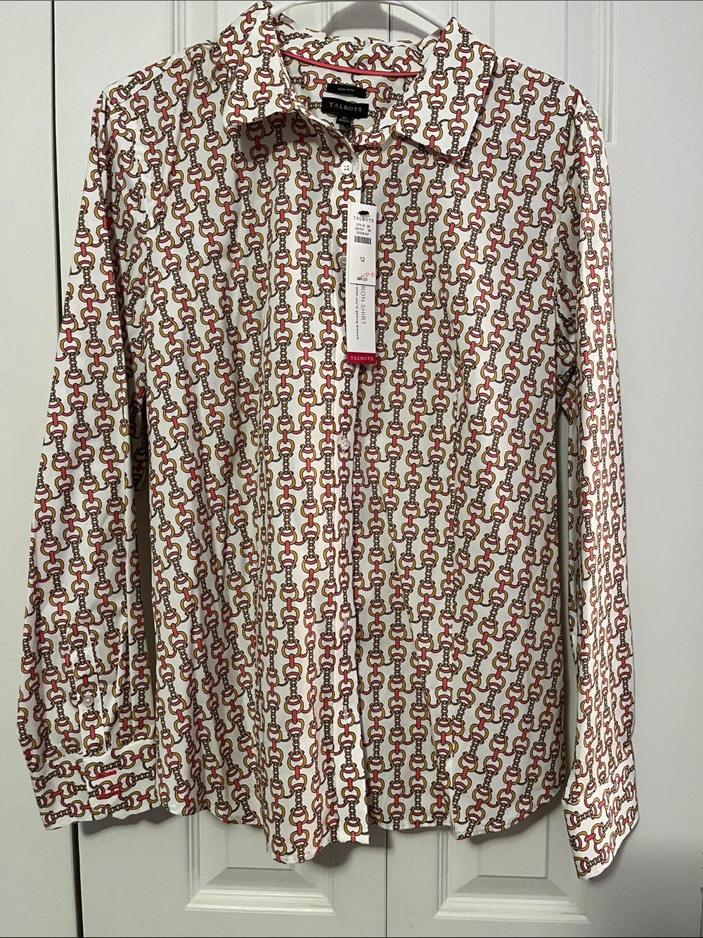 Talbots women’s White Button-Down Shirt with Red and Brown Chain Print